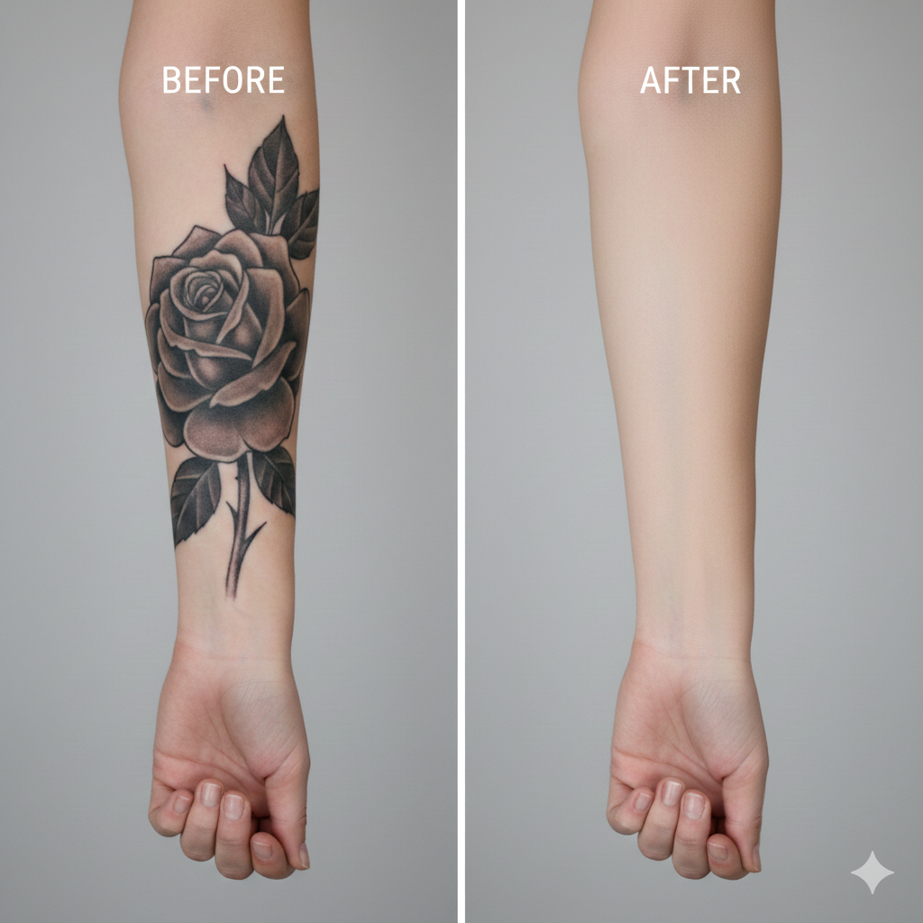 Before and after laser tattoo removal – showing significant fading of tattoo ink